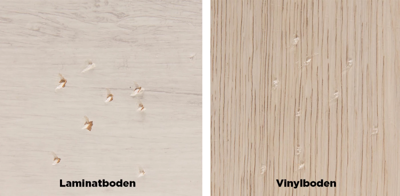 Hammertest: links Laminatboden mit abgeplatzten Stellen, rechts Vinylboden mit kleinen Dellen