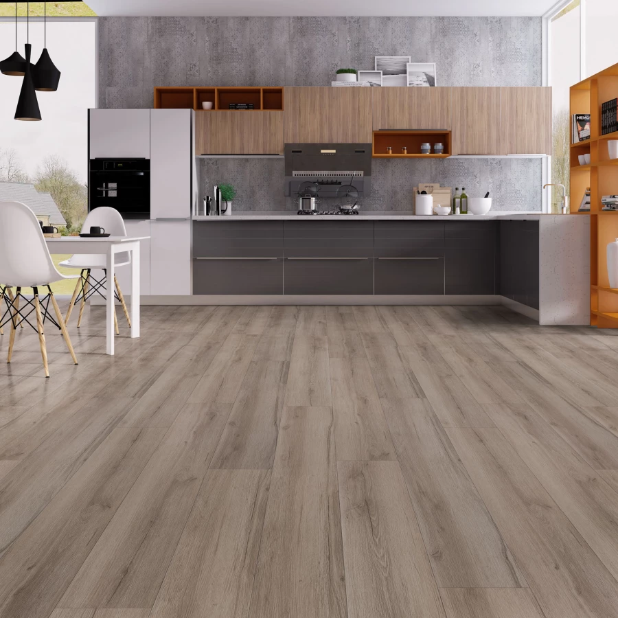 Küche mit grauen und Holzschränken, Essplatz und Boden in grauer Eichenoptik (KI-generierte Visualisierung)